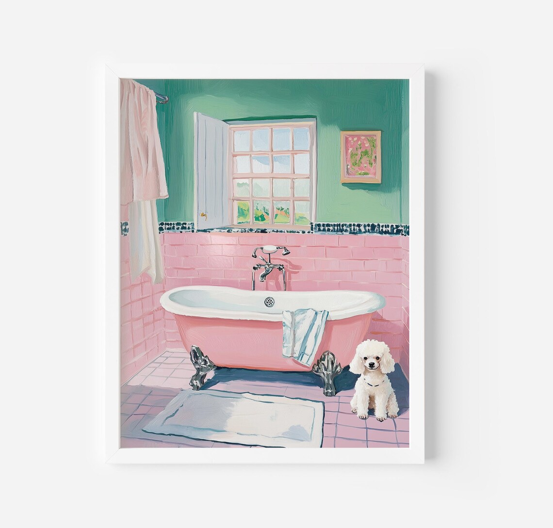 Toy Poodle Bathtub Poster, Pink Bathroom Decor