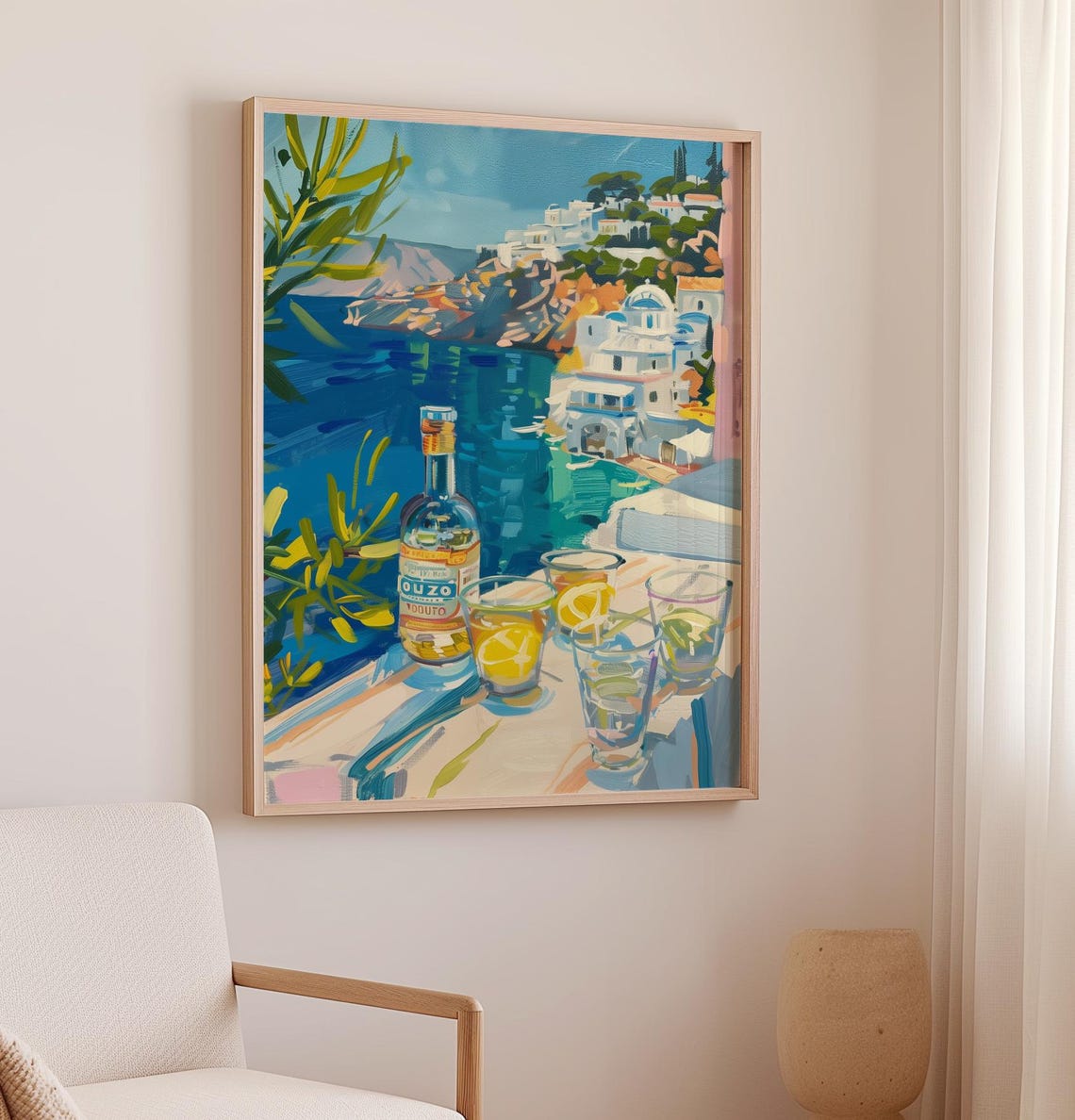 Ouzo By The Sea Wall Art Acrylic Painting Happy Gallery Summer House Wall Decor Ouzo Painting Bar Cart Wall Art Greek Island - Image 2