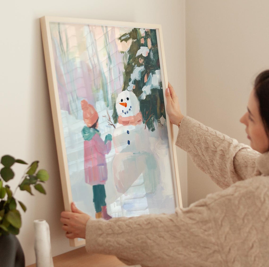 Child Building Snowman Pastel Winter Wonderland Scene Art Poster - Image 3