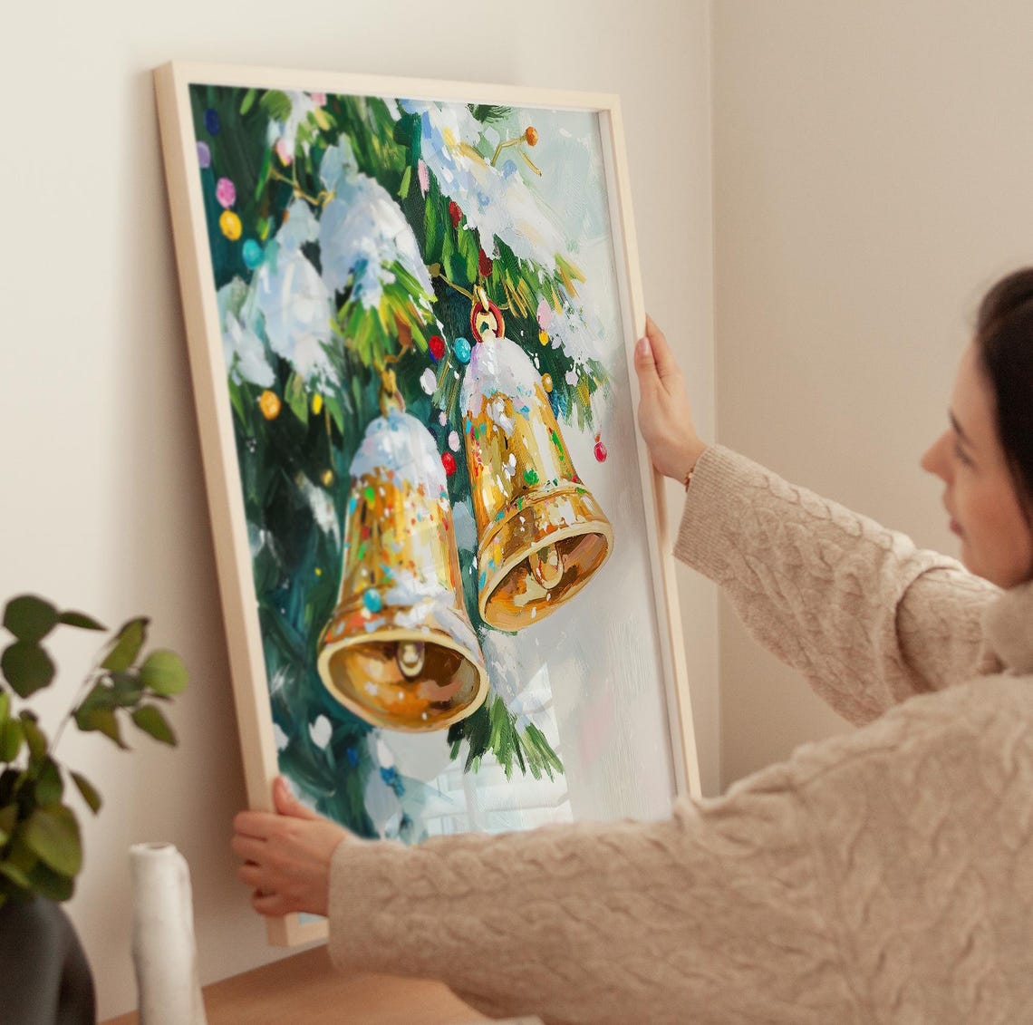Golden Christmas Bells On Snowy Evergreen Branch Winter Art Poster - Image 3