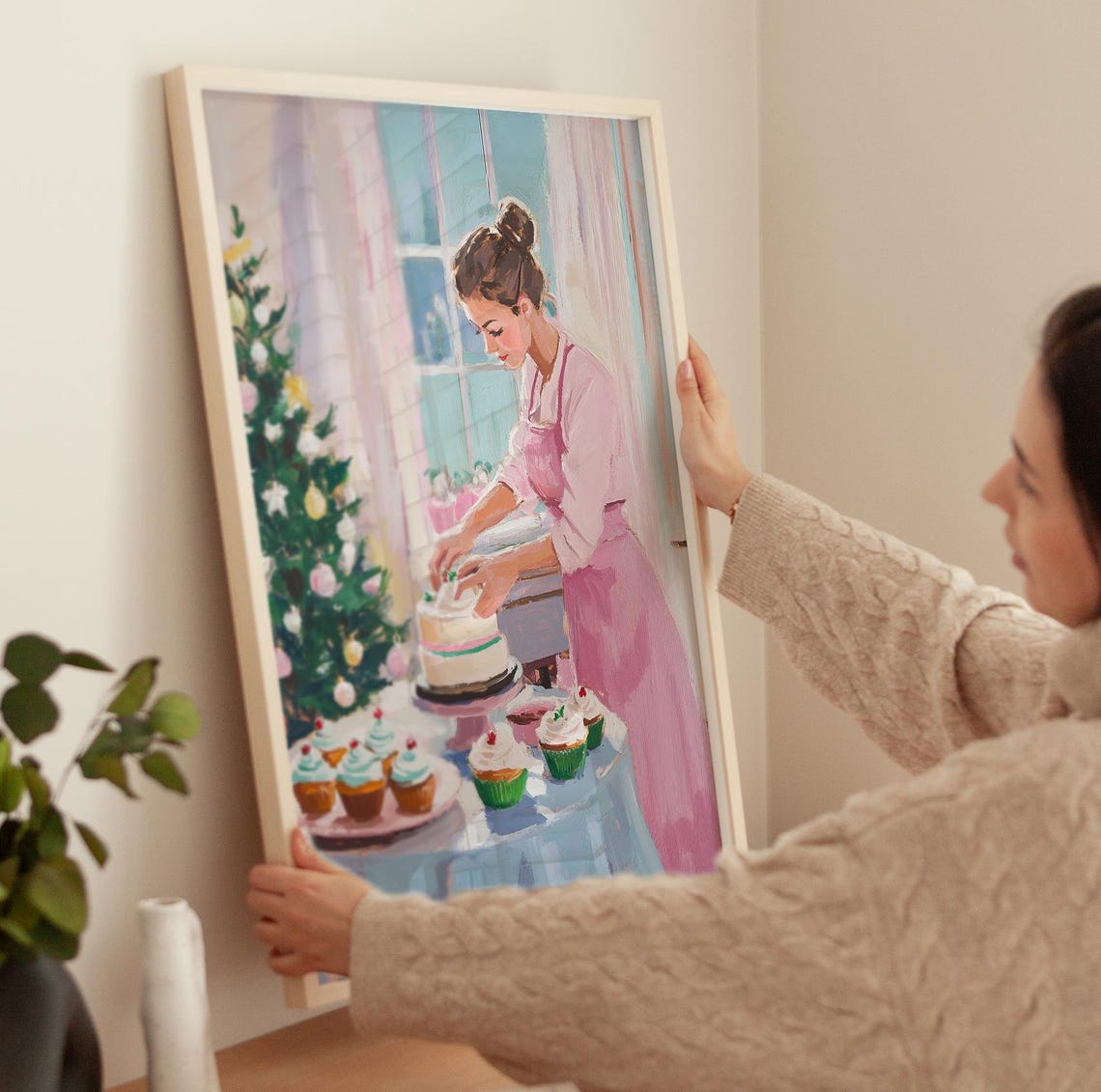 Woman Decorating Cake And Cupcakes In A Christmas Kitchen Poster - Image 3