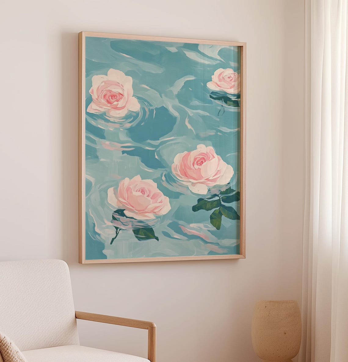 Pink Roses Floating On Turquoise Water Ethereal Floral Art Poster - Image 3
