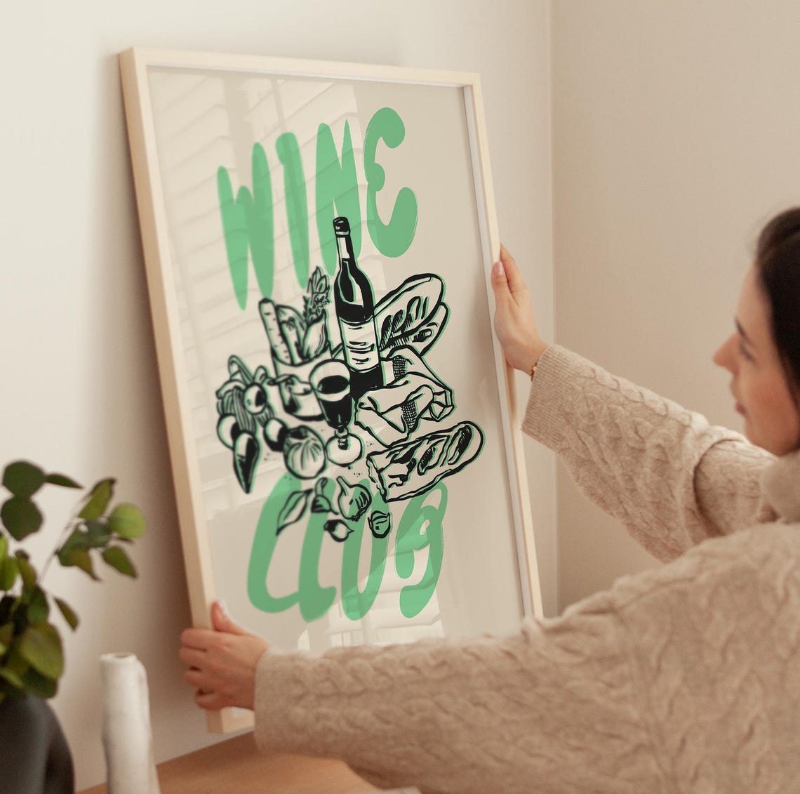 Wine Club Picnic Feast Green Retro Lettering Wine Bottle Art Poster - Image 4