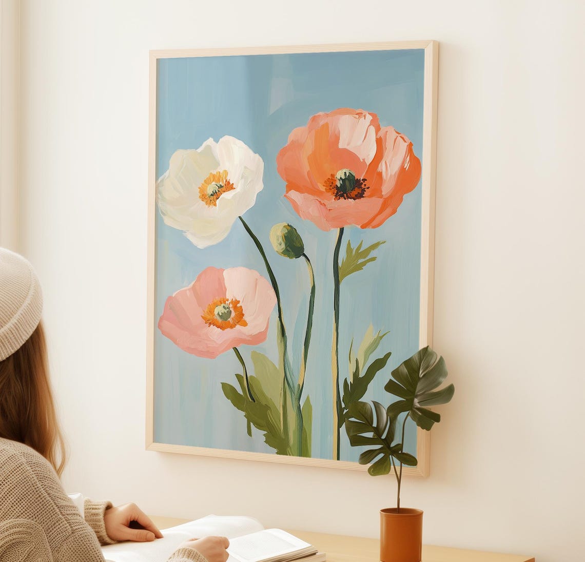 Coral and White Poppy Flowers on Pale Blue Botanical Art Poster - Image 3