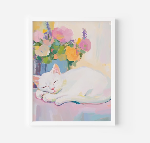 Sleeping White Cat With Pastel Flower Bouquet Floral Cat Poster