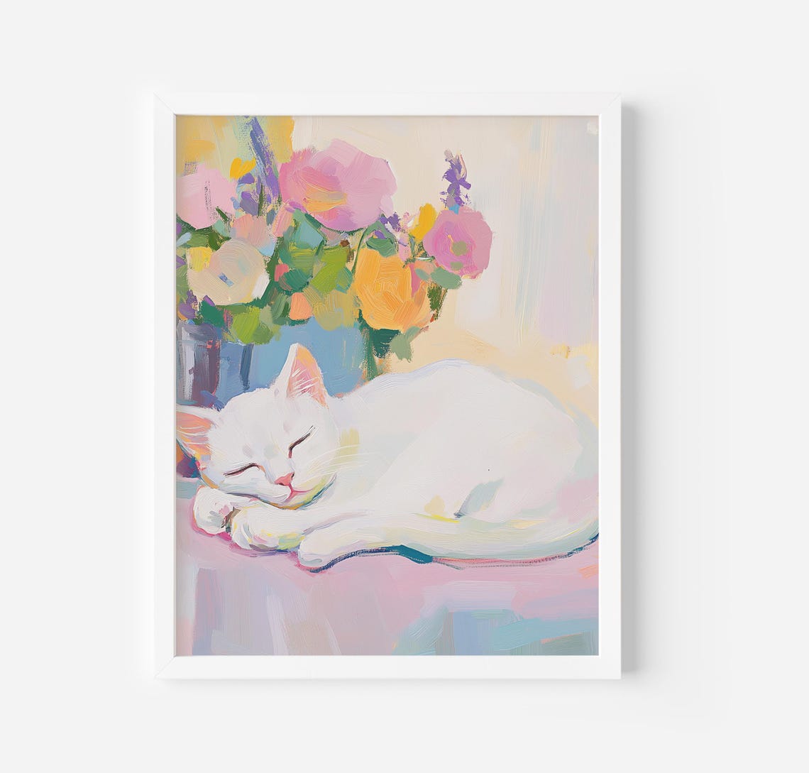 Sleeping White Cat With Pastel Flower Bouquet Floral Cat Poster