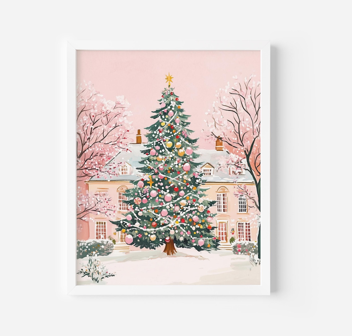 Pink Christmas Tree Art Print, Cute Christmas Decor - Image 3