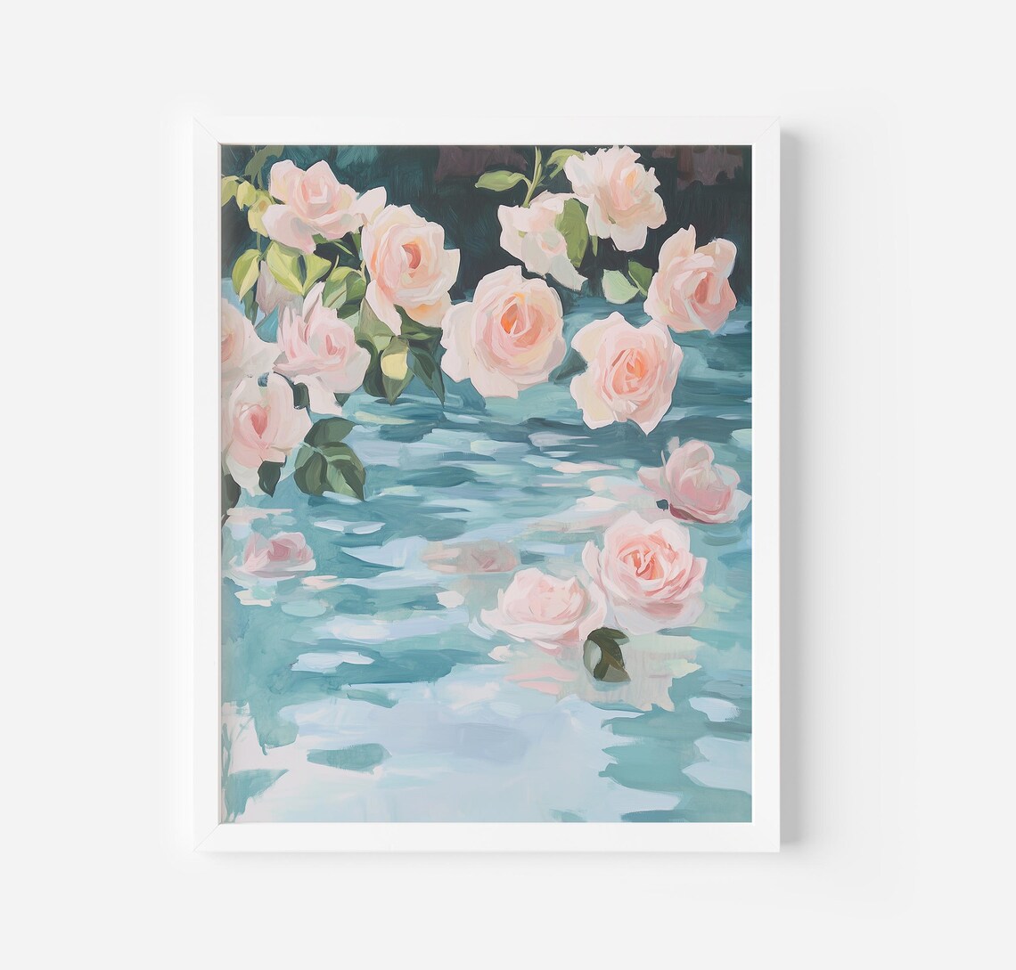 Pink Roses Lake Art Print, Spring Floral Aesthetic - Image 4