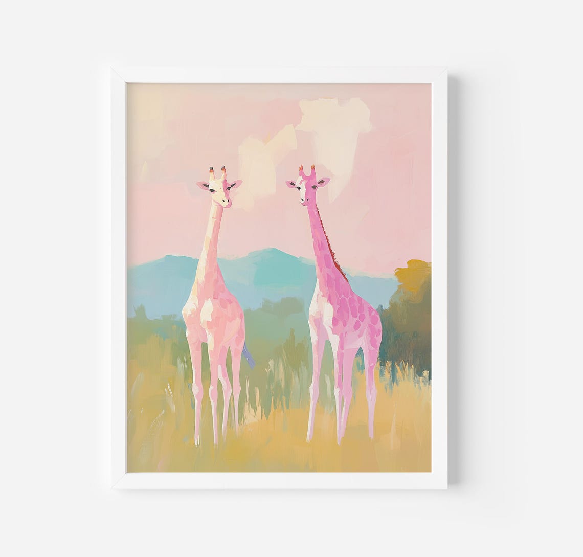 Two Pink Giraffes in Pastel Savanna Cute Nursery Wildlife Poster