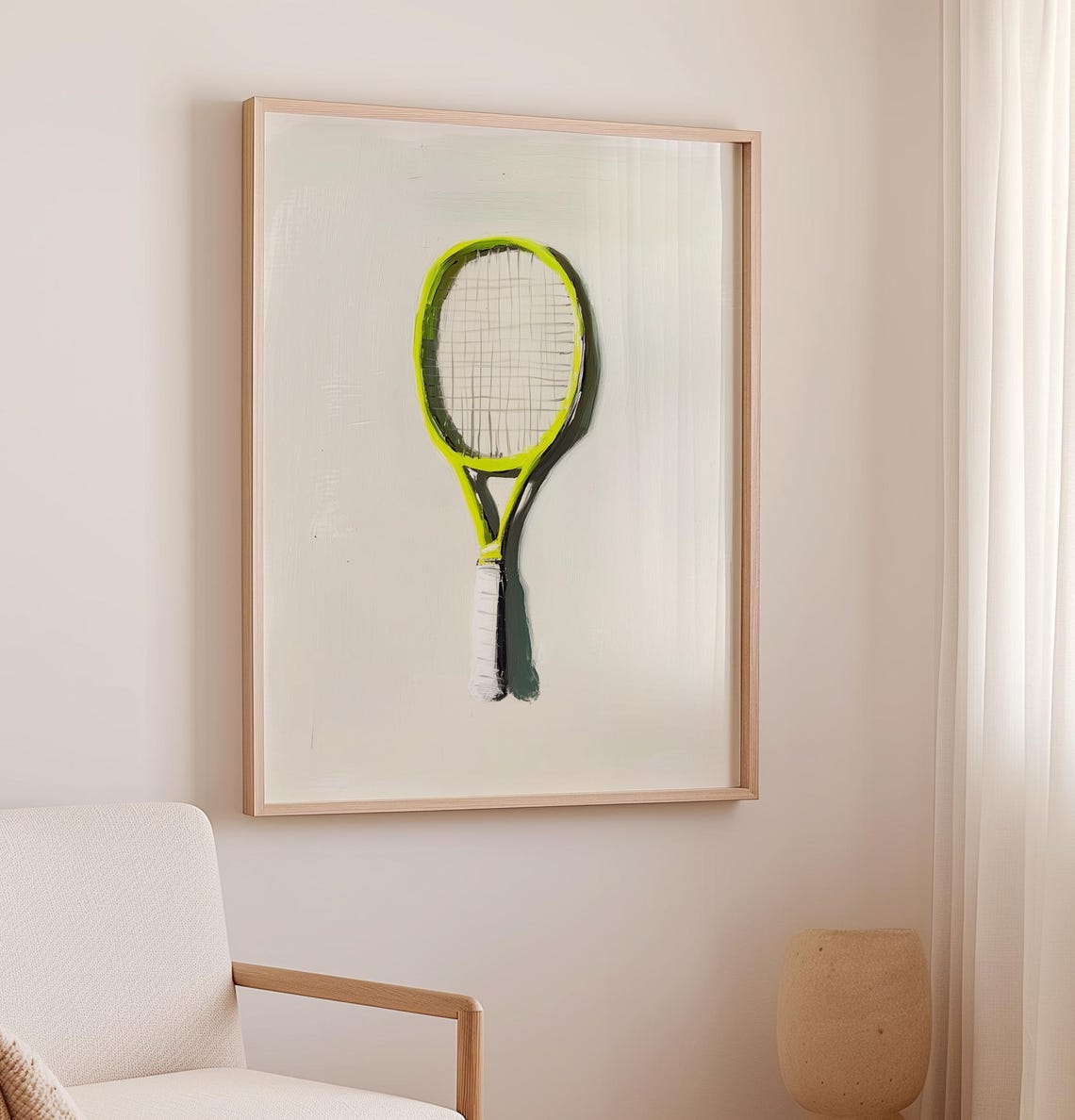 Neon Yellow Tennis Racket Minimalist Sporty Modern Wall Decor Poster - Image 2