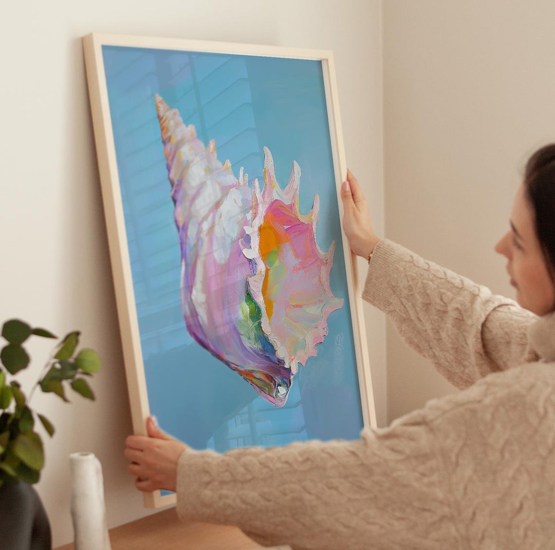 Pastel Conch Seashell on Sky Blue Coastal Beach House Decor Poster - Image 2