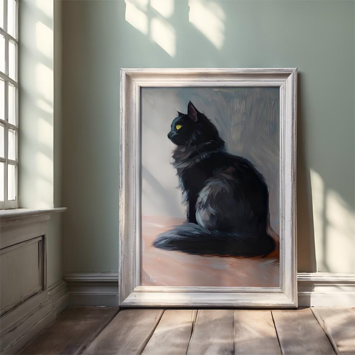 Regal Black Cat in Profile Oil Portrait Minimalist Art Poster - Image 3