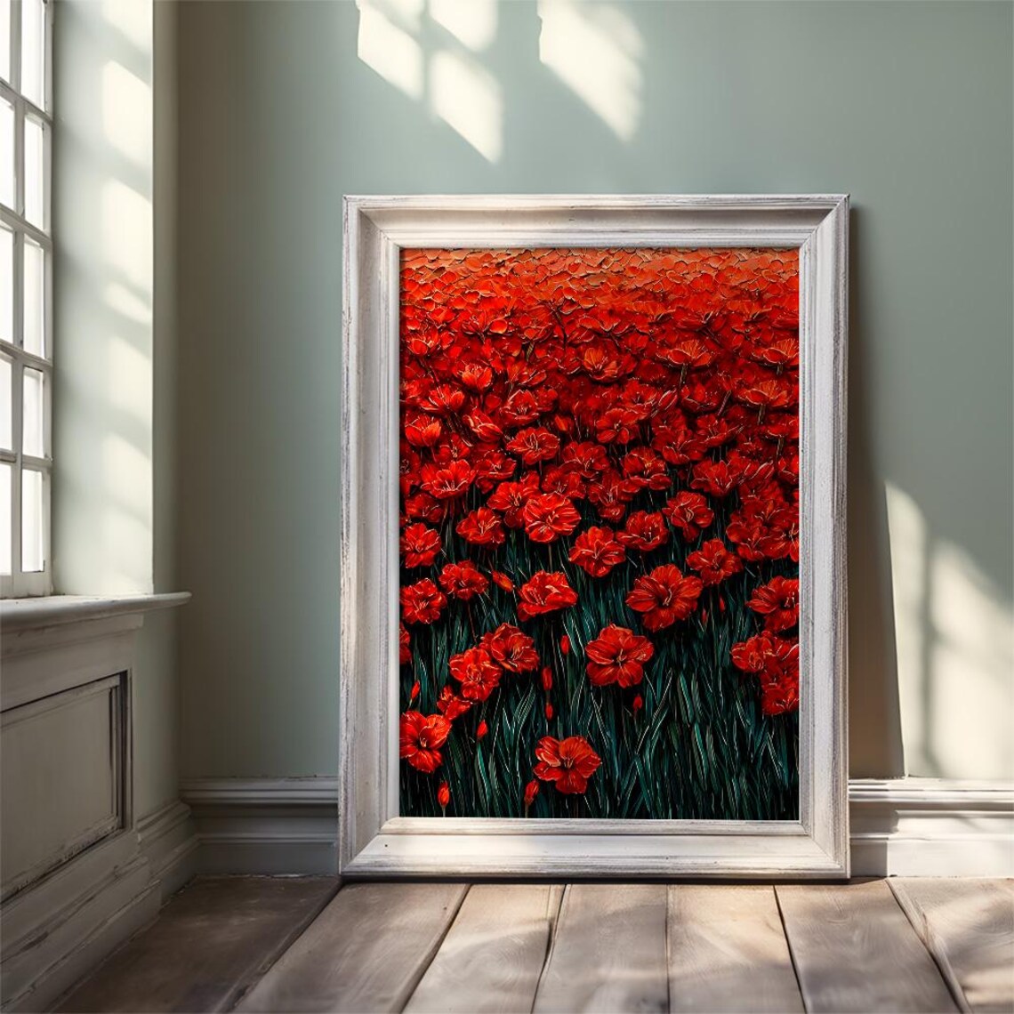 Dense Red Poppy Field Impasto Oil Painting Floral Art Poster - Image 3
