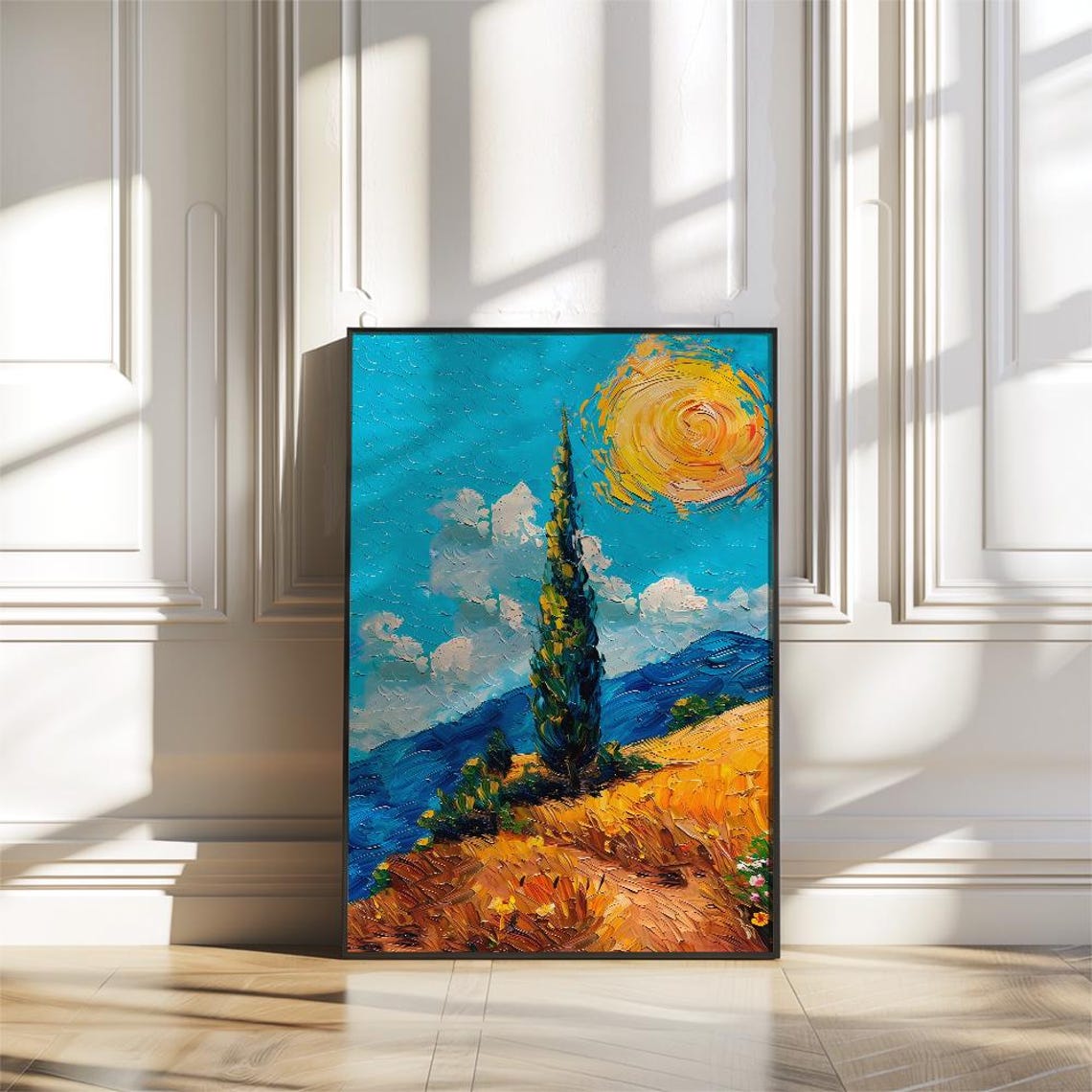 Swirling Sun over Cypress Tree Impressionist Landscape Poster - Image 3