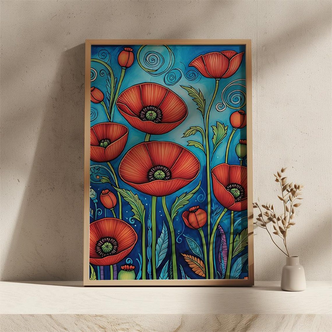 Red Poppies on Blue Background Boho Floral Illustration Poster - Image 2
