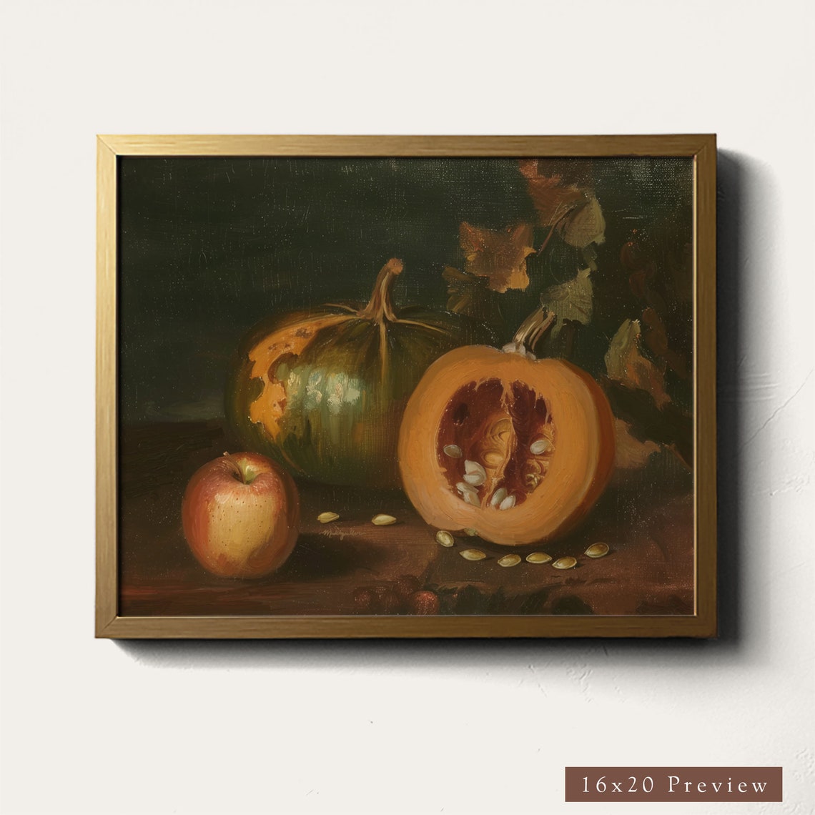 Pumpkin And Apple Still Life Dark Background Vintage Art Poster - Image 4