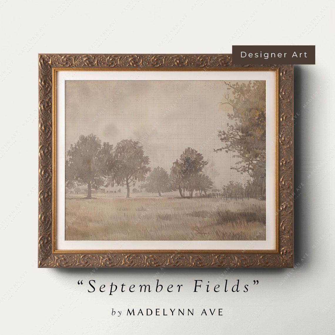 September Fields Autumn Meadow Sepia Drawing Vintage Art Poster
