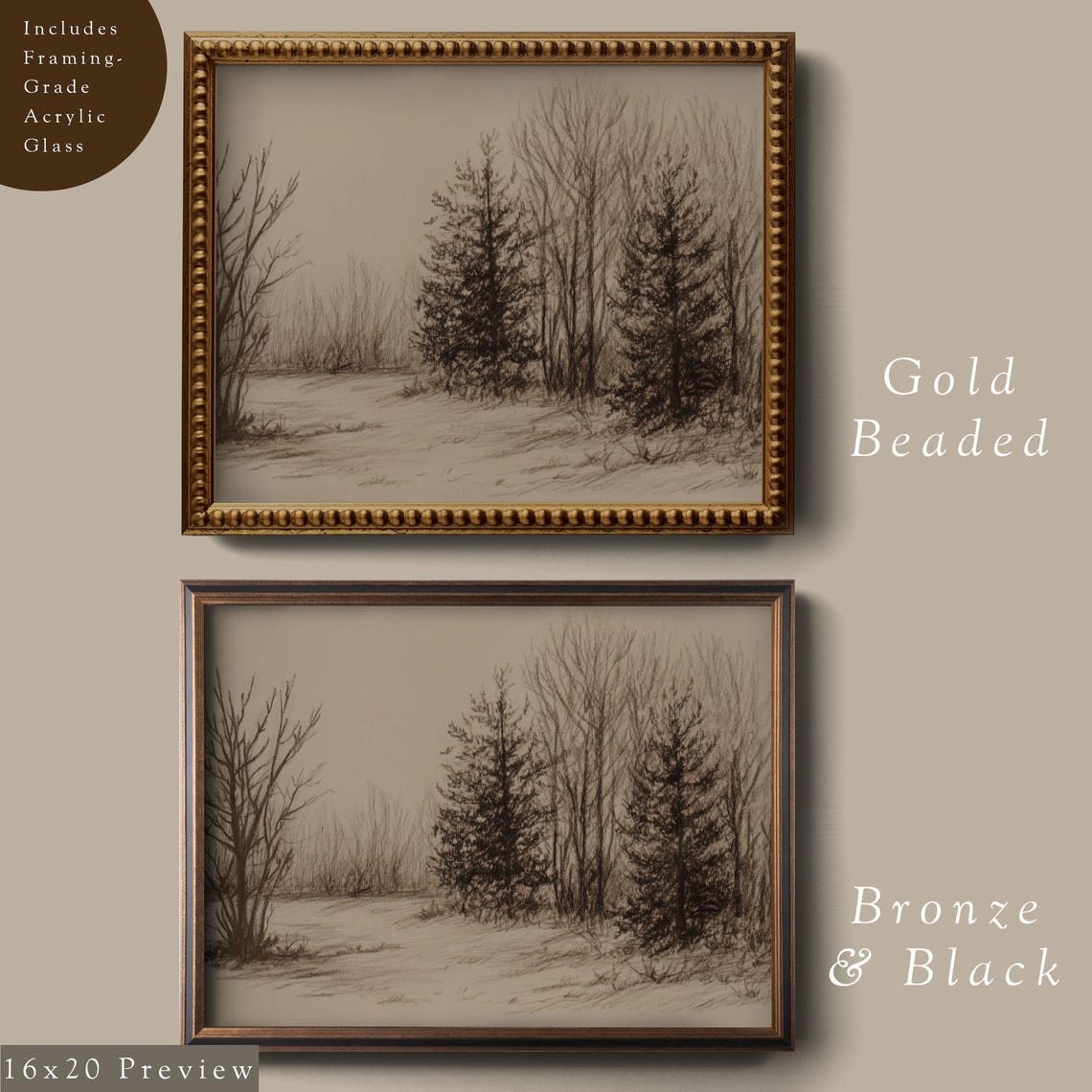 Vintage Winter Pine Forest Sketch Sepia Toned Neutral Poster - Image 4