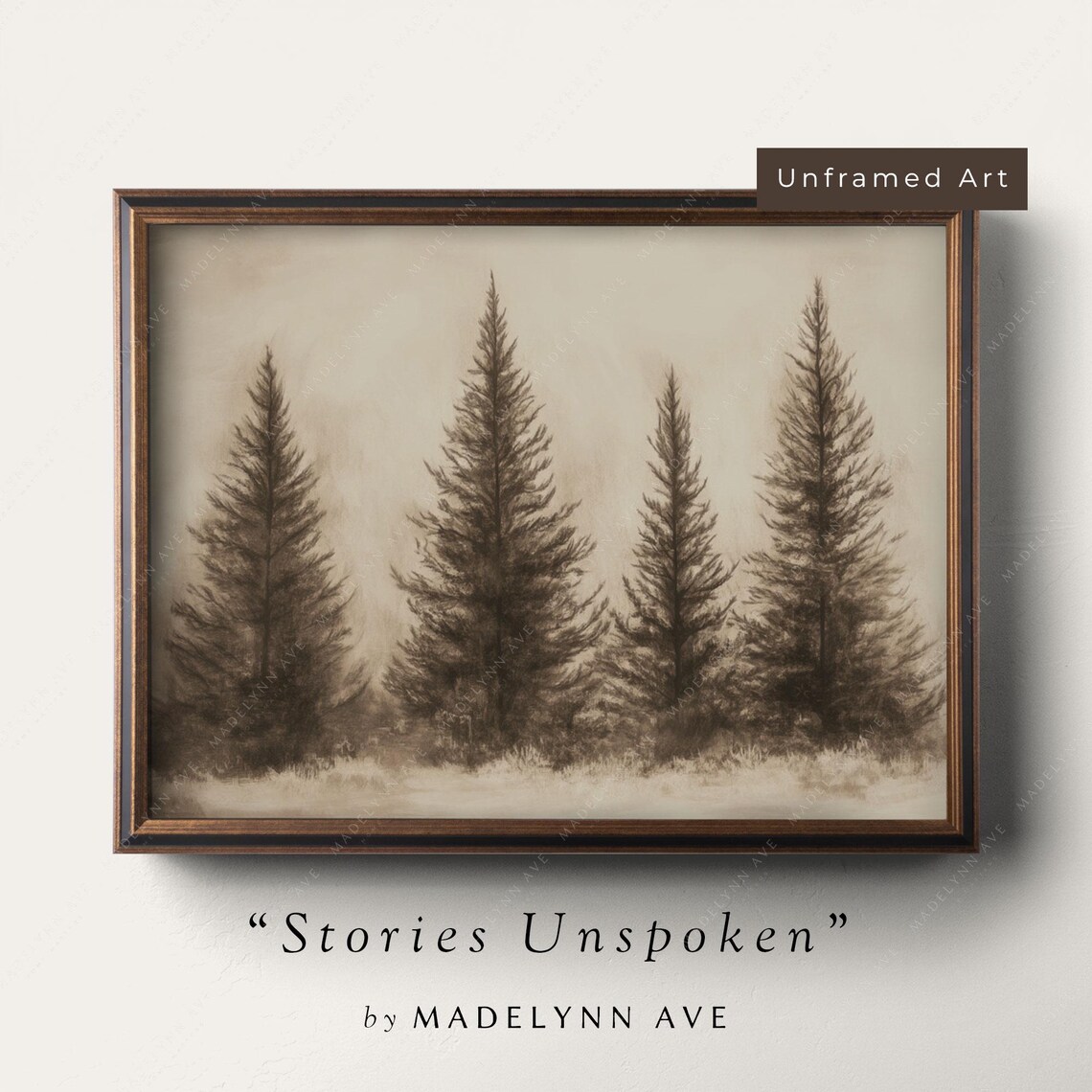 Vintage Winter Trees Art Print, Rustic Evergreen Landscape