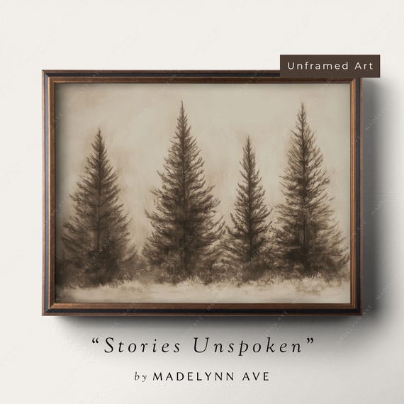 Vintage Winter Trees Art Print, Rustic Evergreen Landscape