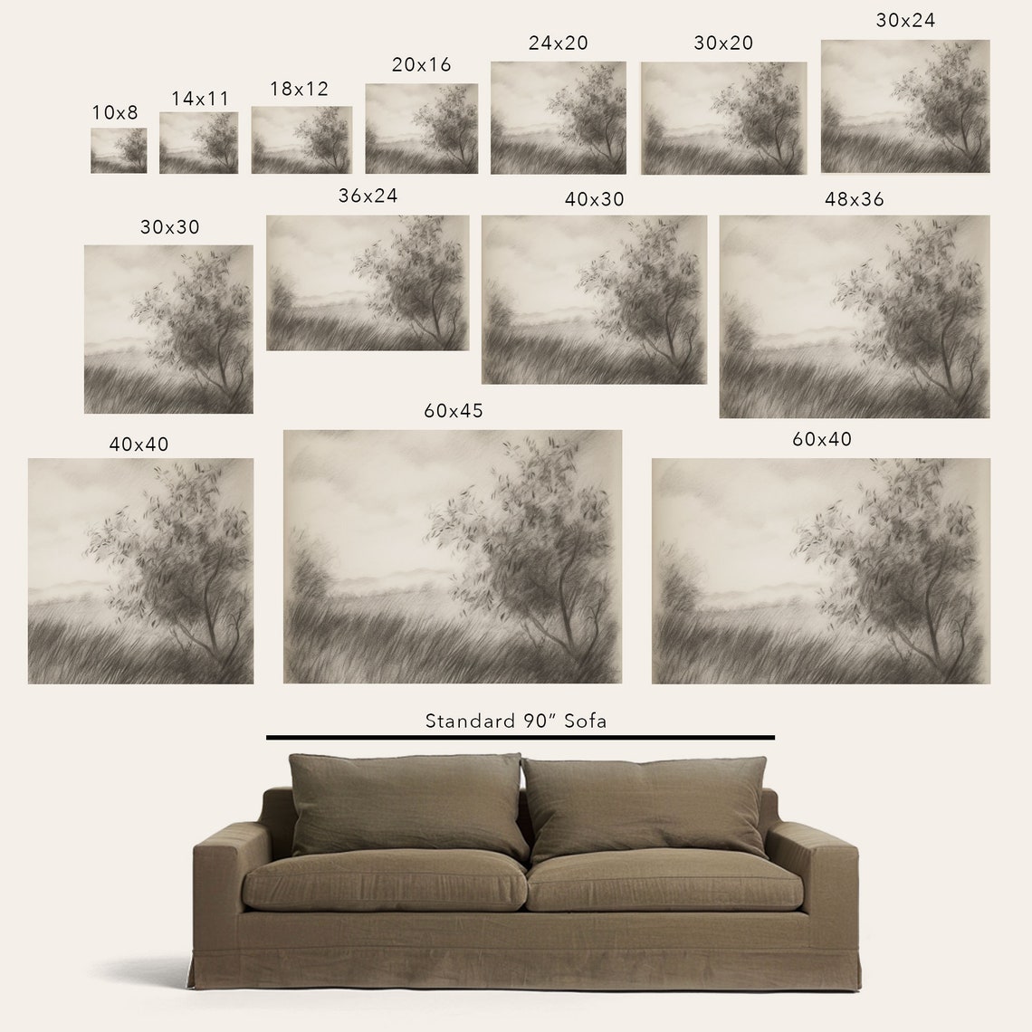 Charcoal Landscape Study Trees Grasses Vintage Sketch Poster - Image 2