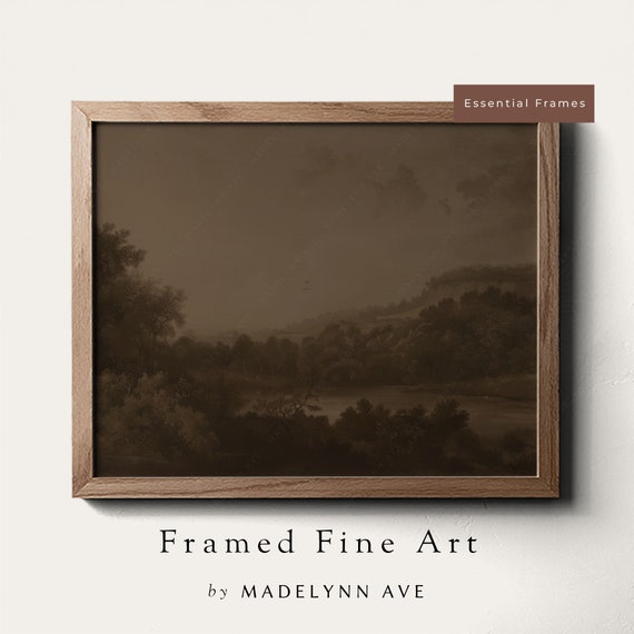 Framed Moody Mountain Landscape Art Print Modern Cottage Style Wall Art For Fall Dark Vintage Oil Painting For Living Room Wood Frame