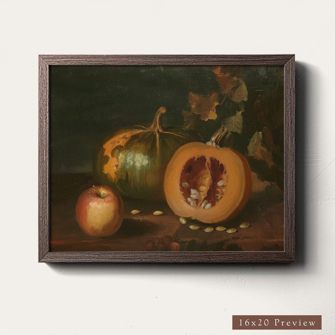 Pumpkin And Apple Still Life Dark Background Vintage Art Poster - Image 3