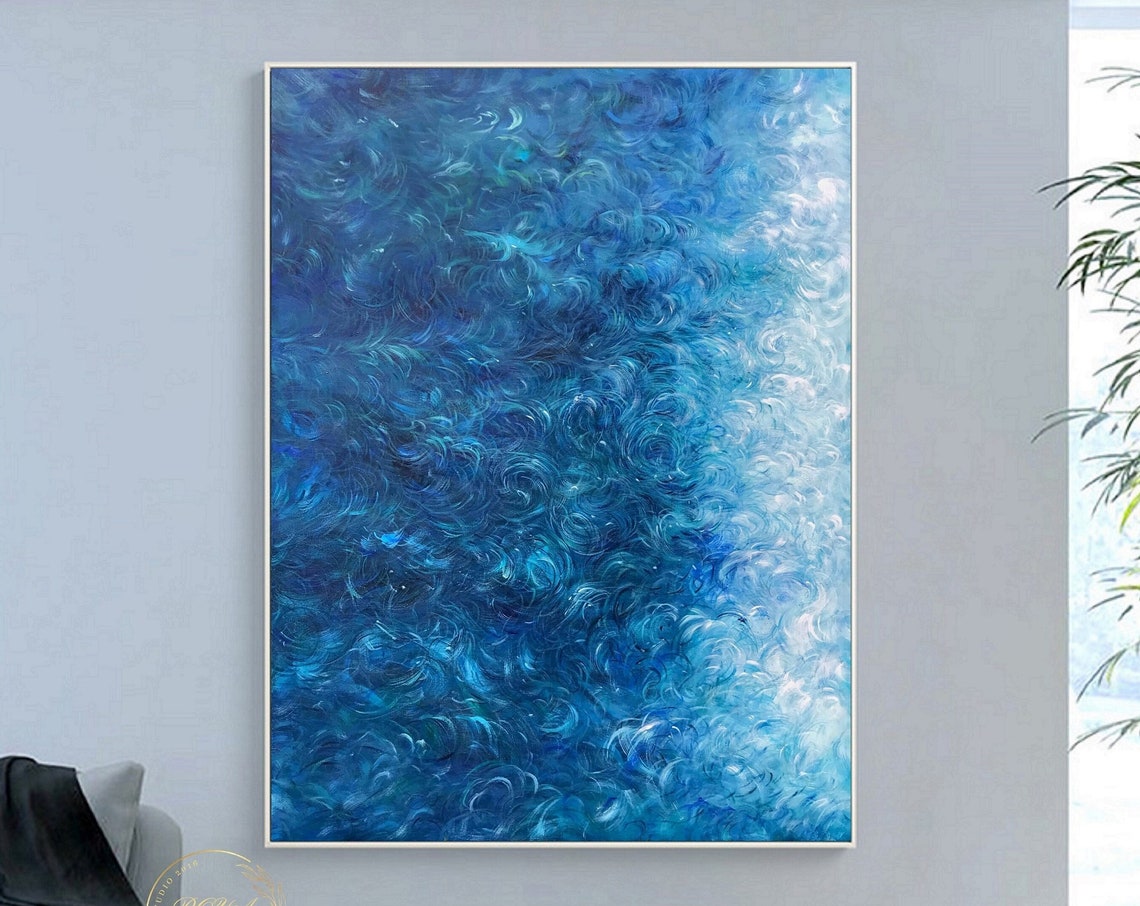Deep Blue Swirling Ocean Wave Texture Abstract Painting Art Poster - Image 5