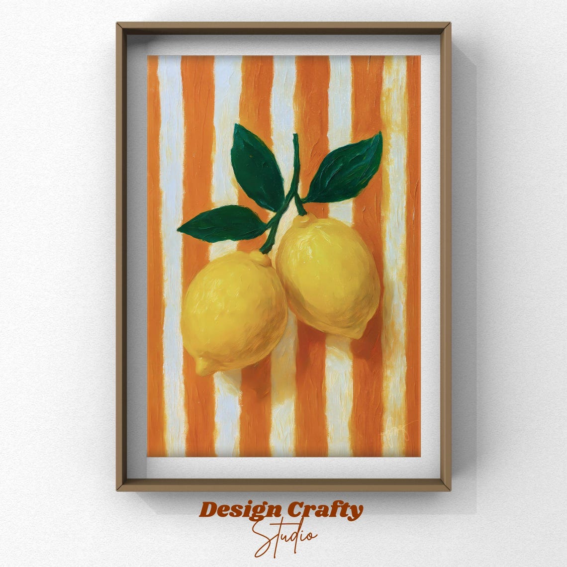 Fresh Lemons on Orange Stripes Cheerful Kitchen Painting Poster