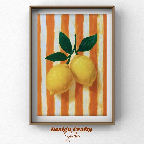 Fresh Lemons on Orange Stripes Cheerful Kitchen Painting Poster