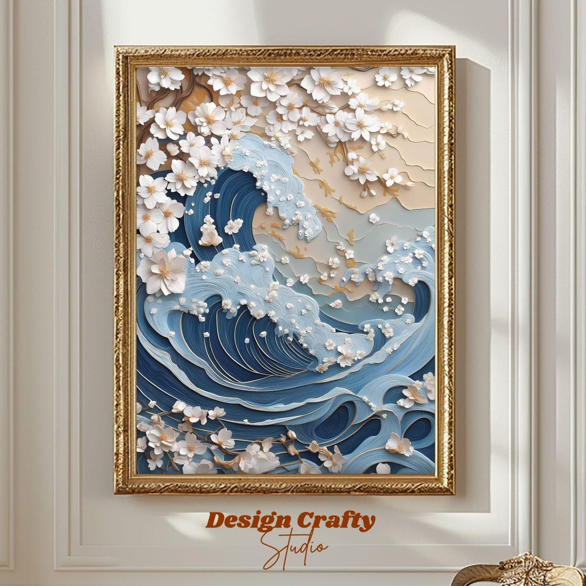 Blue Ocean Wave With Cherry Blossoms 3D Paper Quilling Art Poster