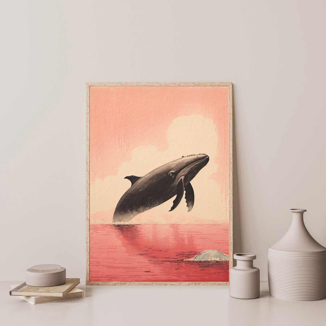 Breaching Whale Pink Sky Japanese Woodblock Ocean Wildlife Minimalist Poster - Image 3