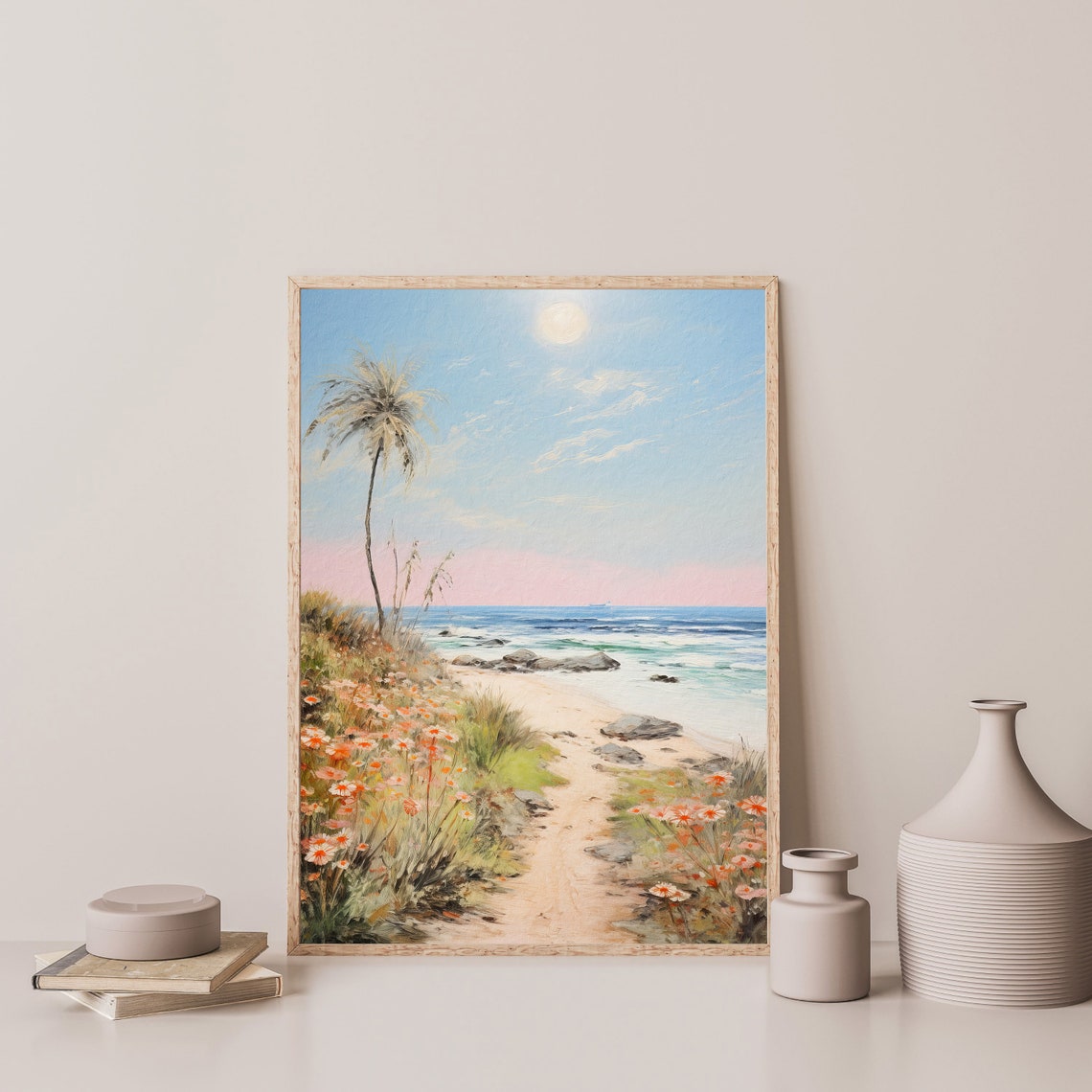 Tropical Beach Path with Palm Tree and Wildflowers at Sunset Poster - Image 3