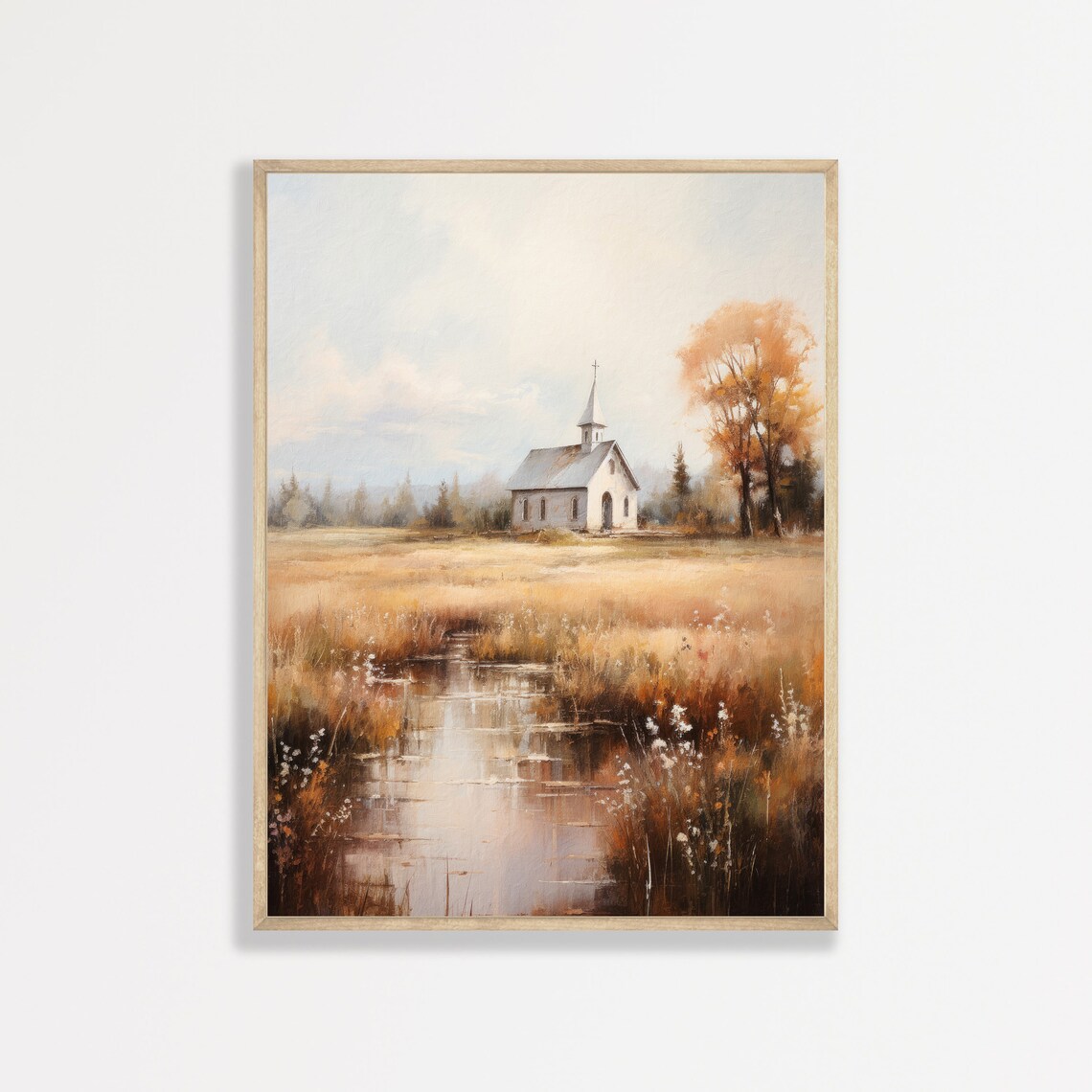 White Country Chapel Autumn Field Pond Reflection Peaceful Church Poster