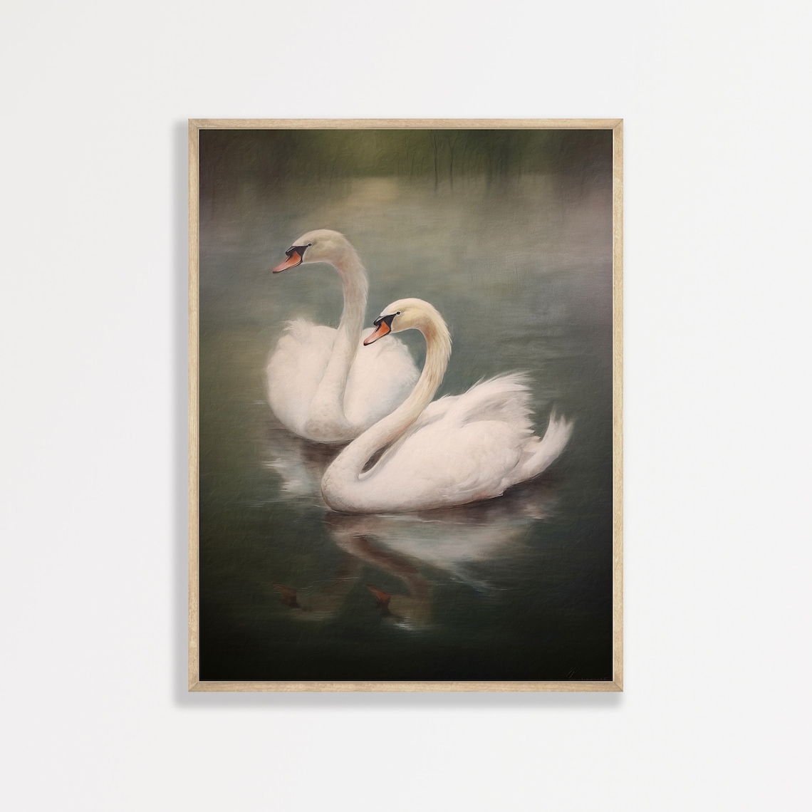 Moody Vintage White Swans Pair on Dark Lake Oil Painting Style Poster