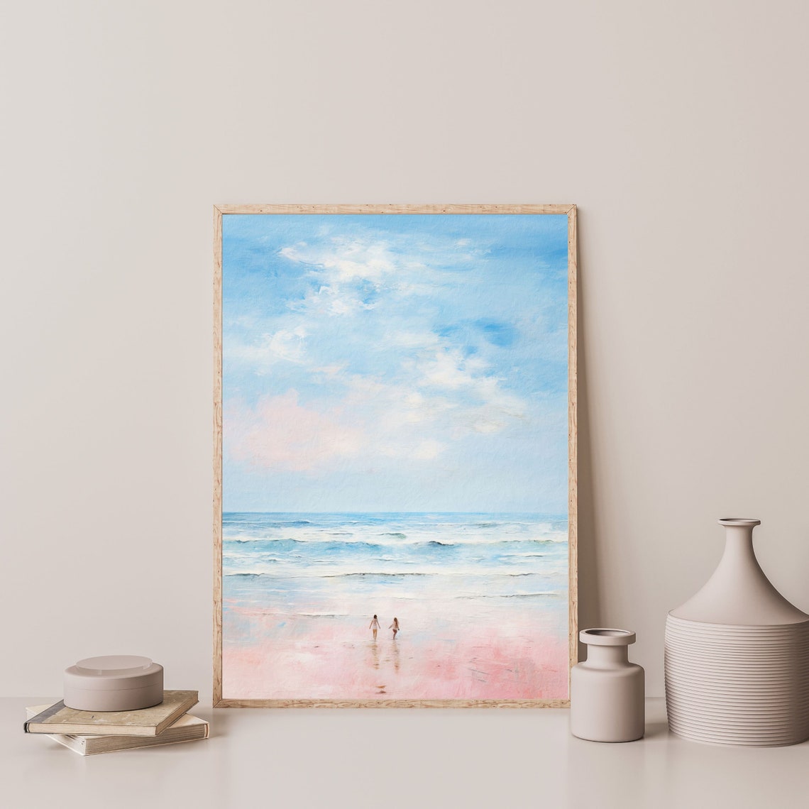 Two Figures Pink Beach Pastel Sky Minimalist Seascape Painting Poster - Image 3