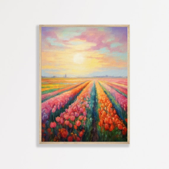 Colorful Tulip Field Retro Countryside Art Print