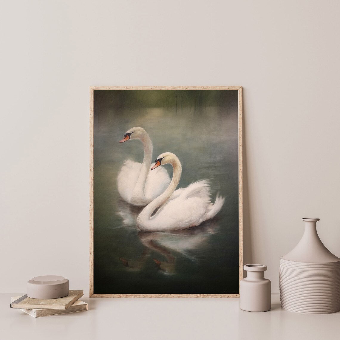 Moody Vintage White Swans Pair on Dark Lake Oil Painting Style Poster - Image 3