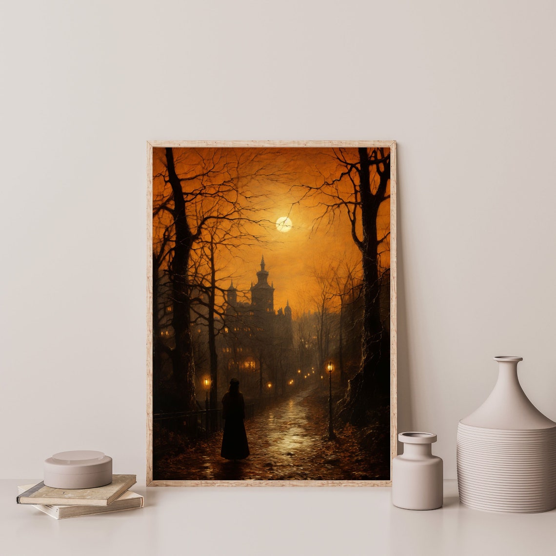 Dark Moonlit City Path Orange Moon Lampposts Gothic Night Poster - Image 3