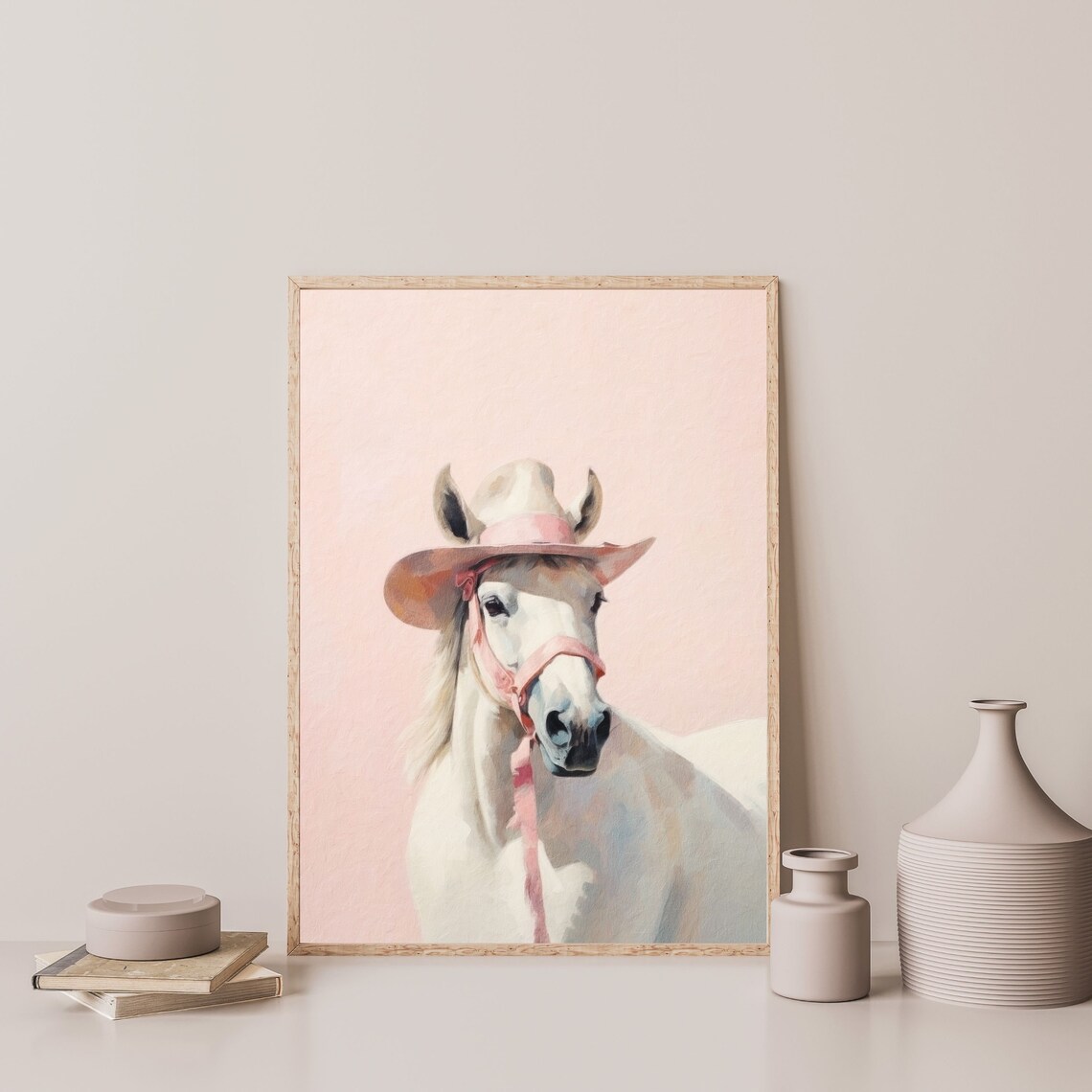 Retro Horse, Western Cowgirl Pastel Pink Art Print - Image 3