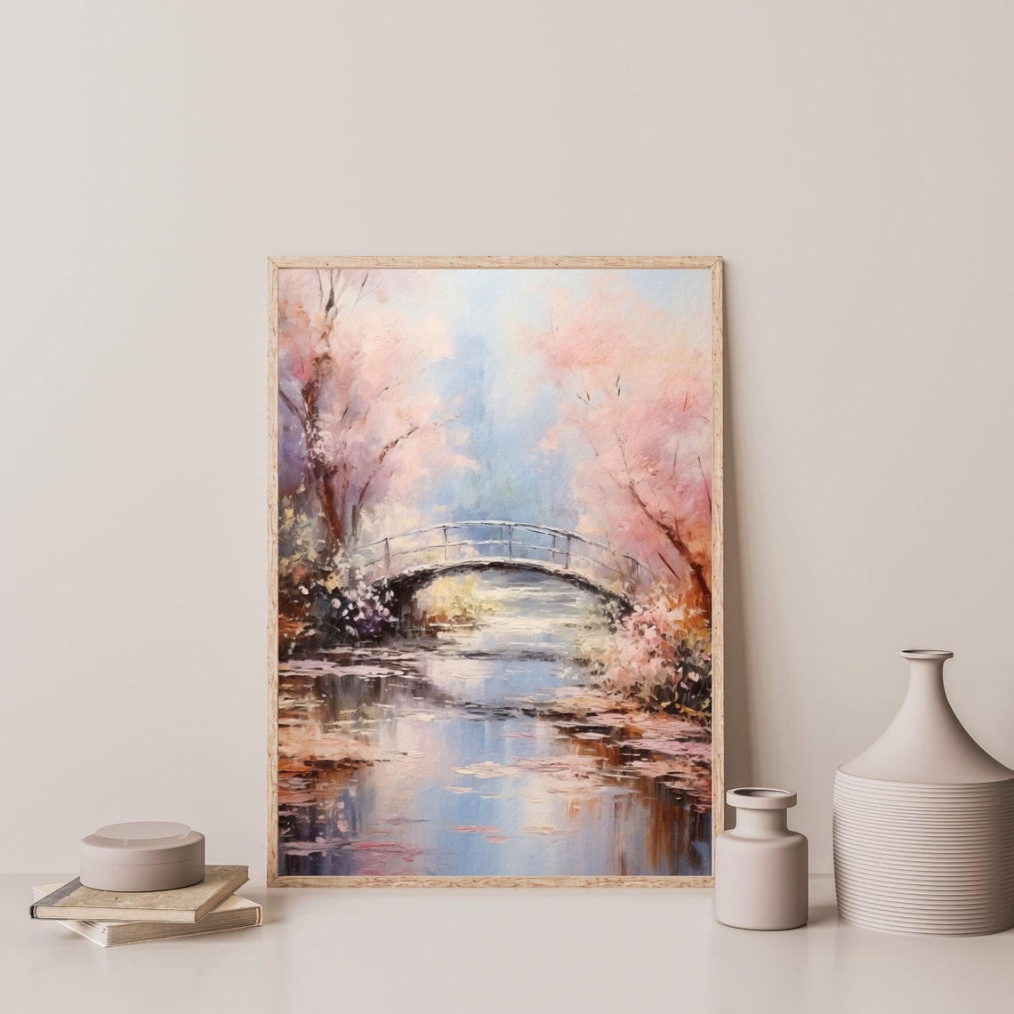 Bridge Blossoms Art Print Vintage Landscape Painting Retro Bathroom Bedroom Wall Art Decor P 314 - Image 3