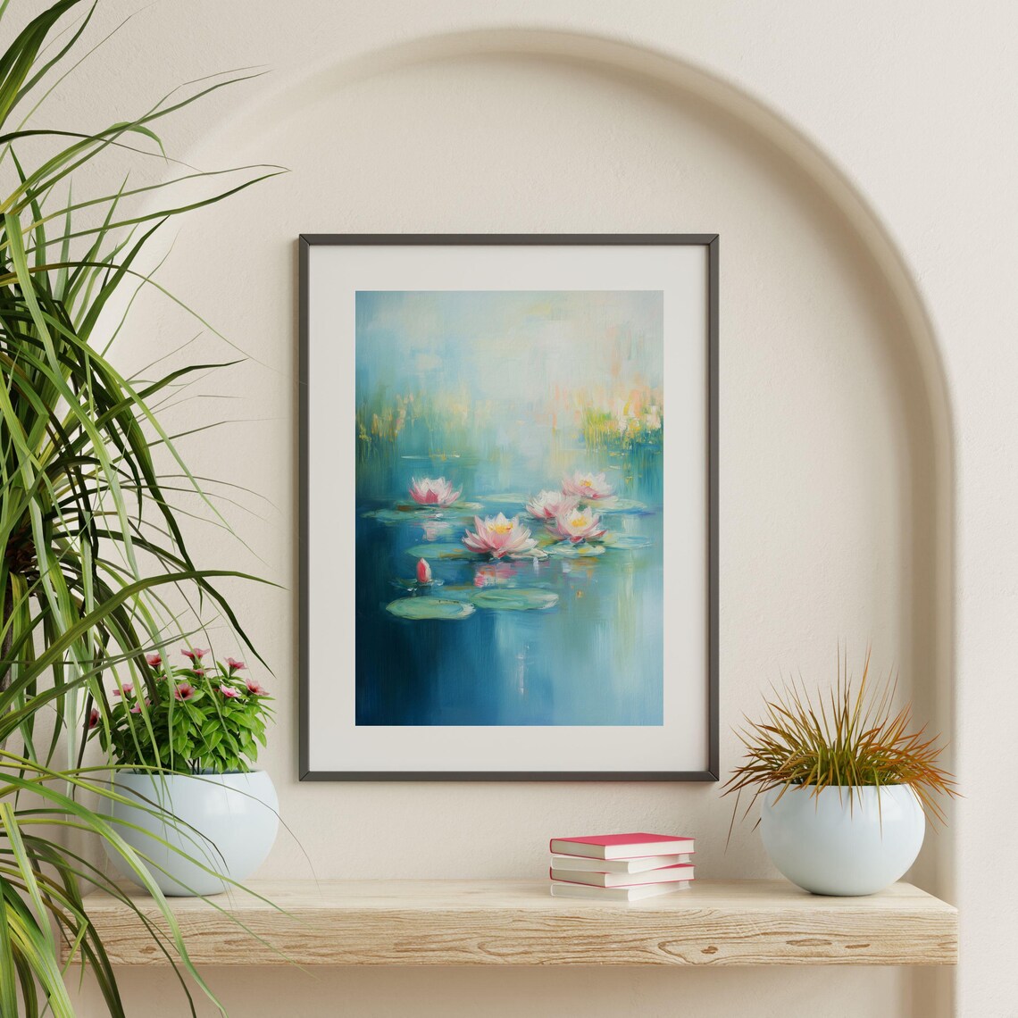 Water Lily Pond Pink Blossoms Impressionist Lake Floral Art Print - Image 2