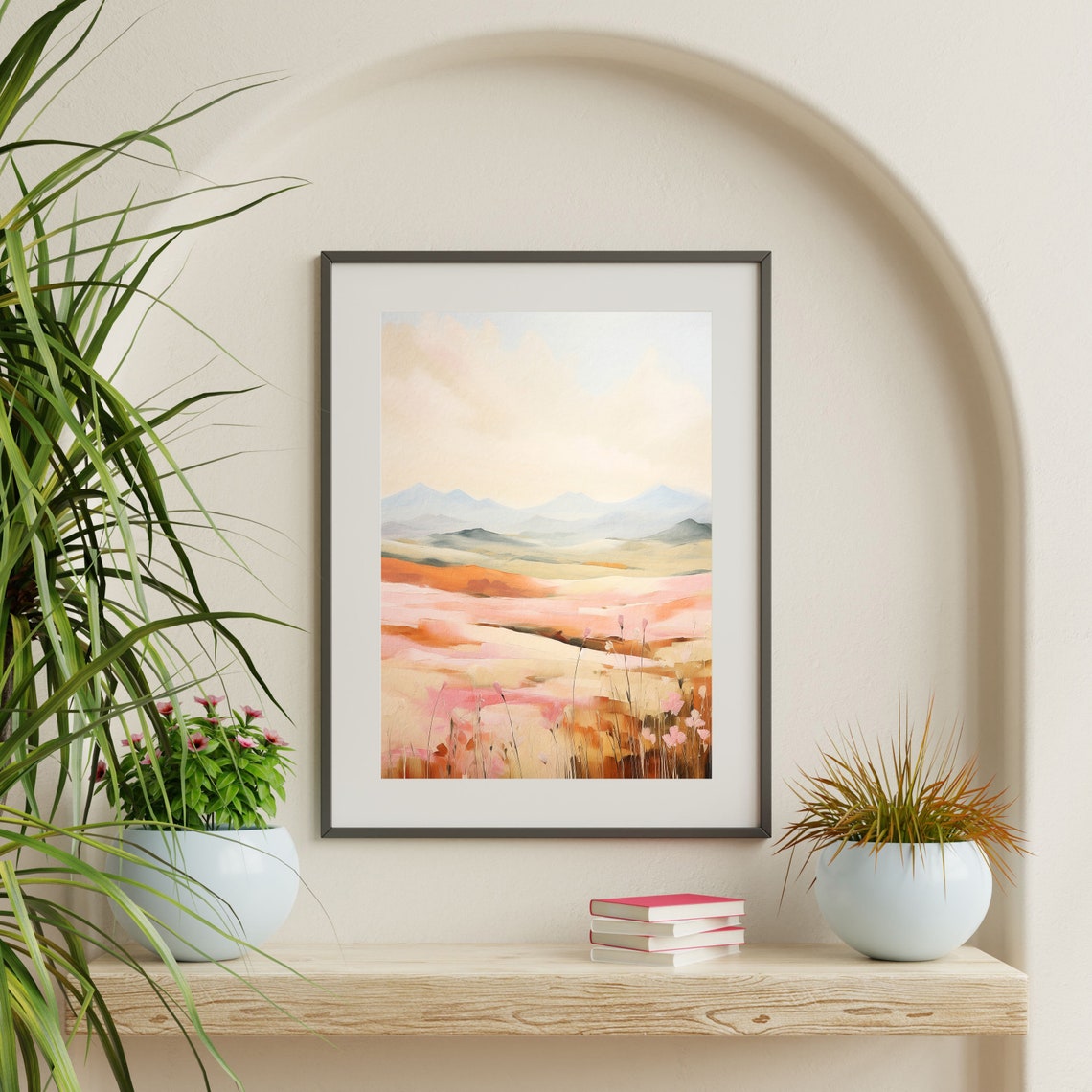 Pastel Pink and Orange Hills Abstract Landscape with Mountains Print - Image 2