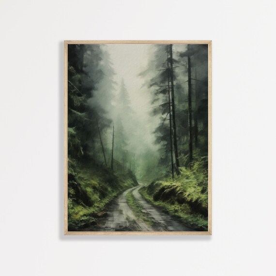Moody Nature Landscape Painting, Retro Dark Forest Art Print