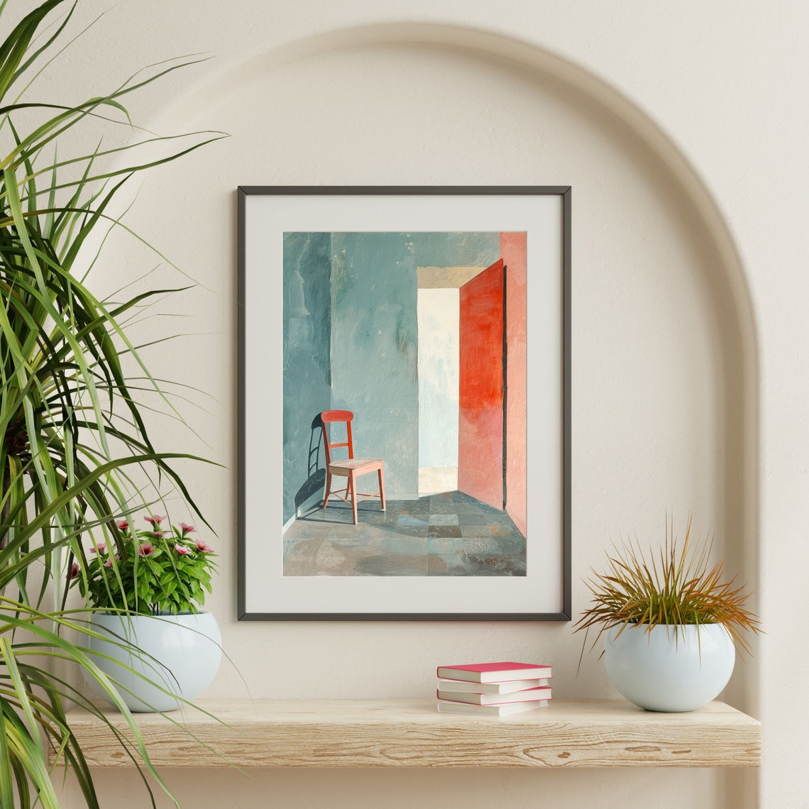 Minimal Red Chair Teal Room Open Doorway Contemporary Art Poster - Image 2