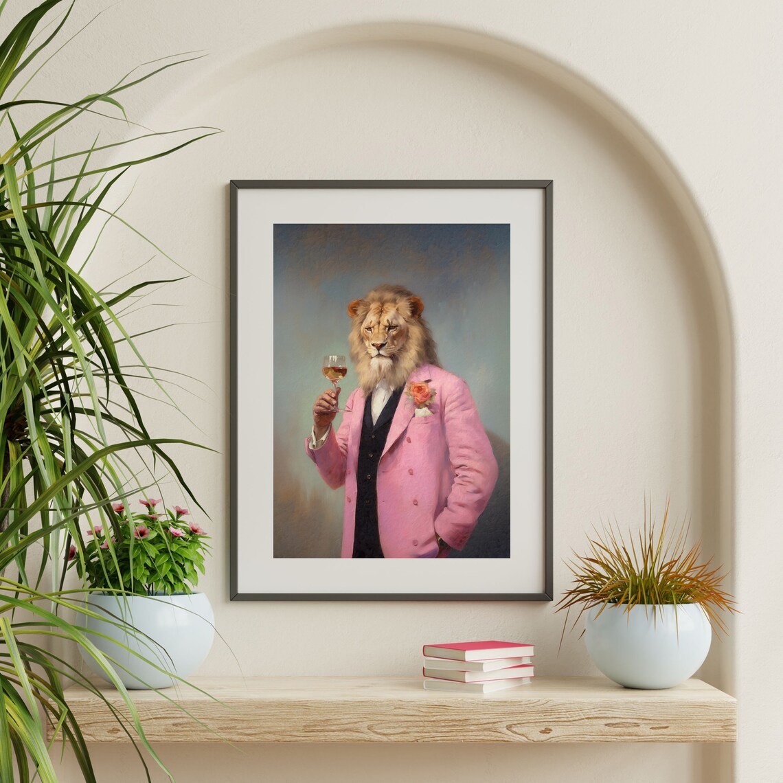 Lion in a Pink Suit Holding a Wine Glass Whimsical Portrait Wall Art - Image 2