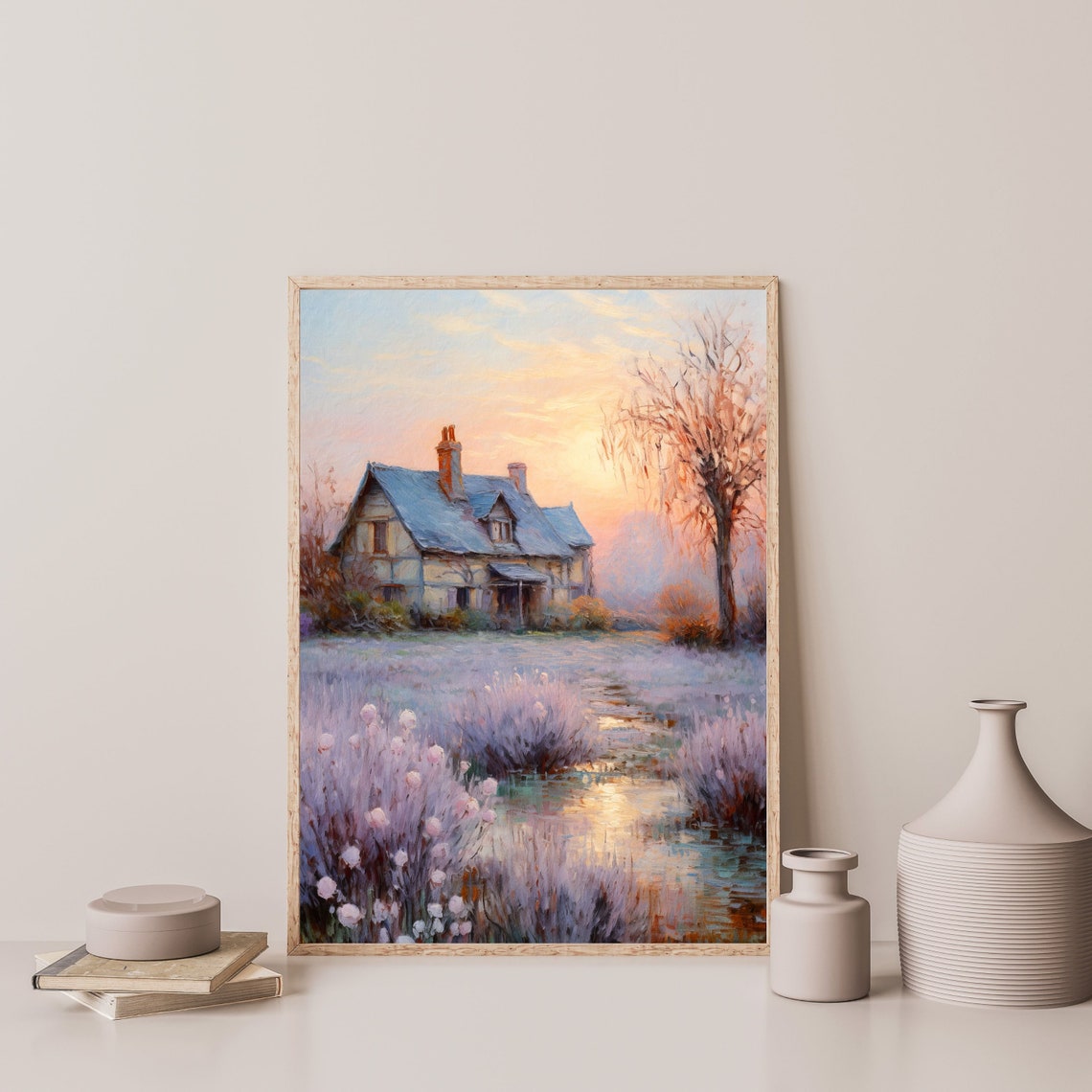 Country Cottage Dusky Lavender Field Sunset Pastel Landscape Poster - Image 3