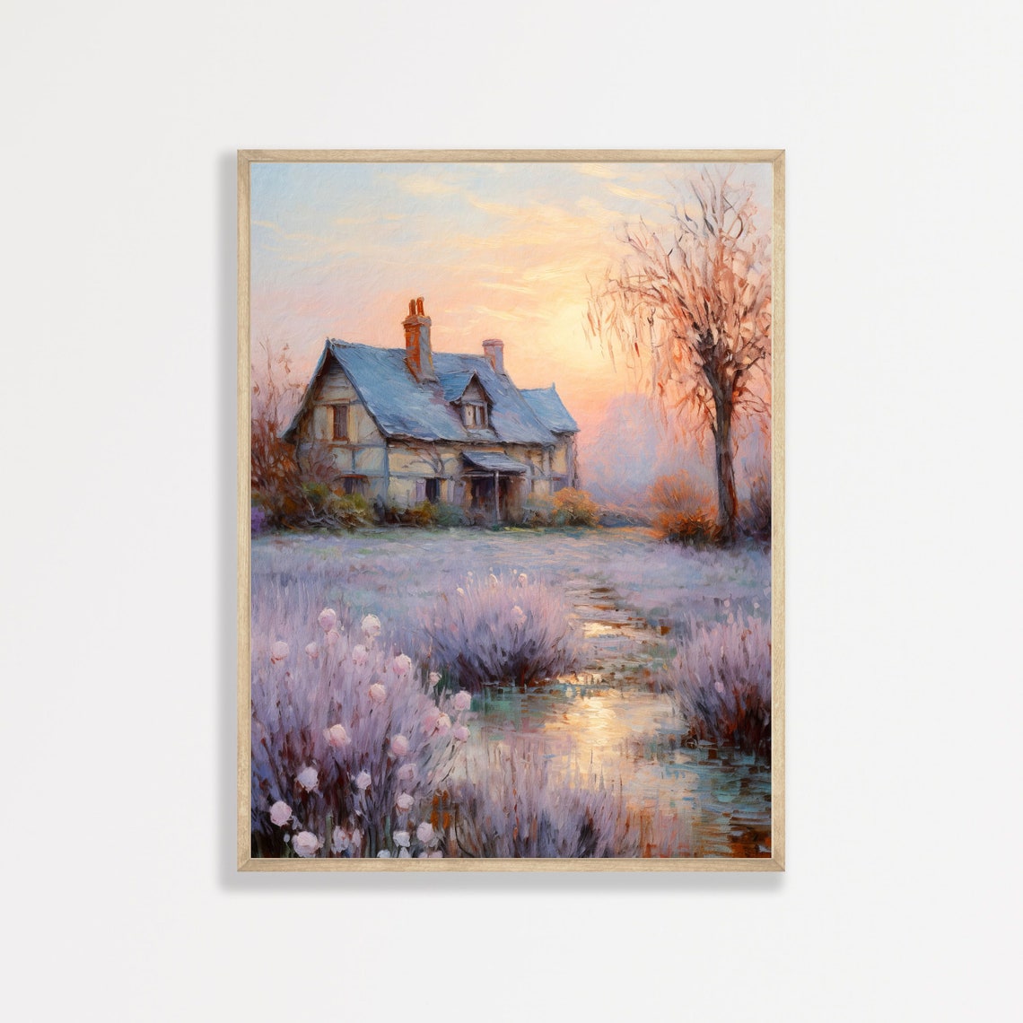 Country Cottage Dusky Lavender Field Sunset Pastel Landscape Poster