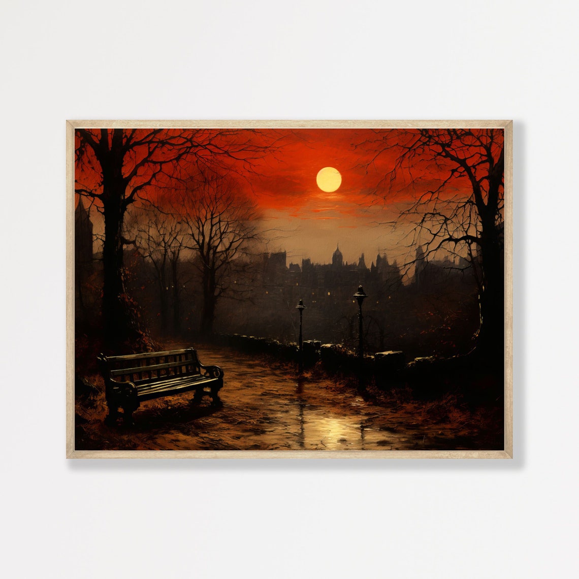 Blood Red Moon Night Park Bench Bare Trees Dark Moody Travel Poster