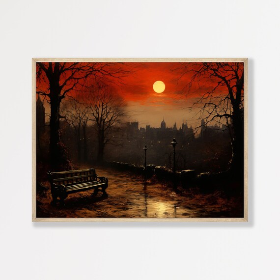 Blood Red Moon Night Park Bench Bare Trees Dark Moody Travel Poster
